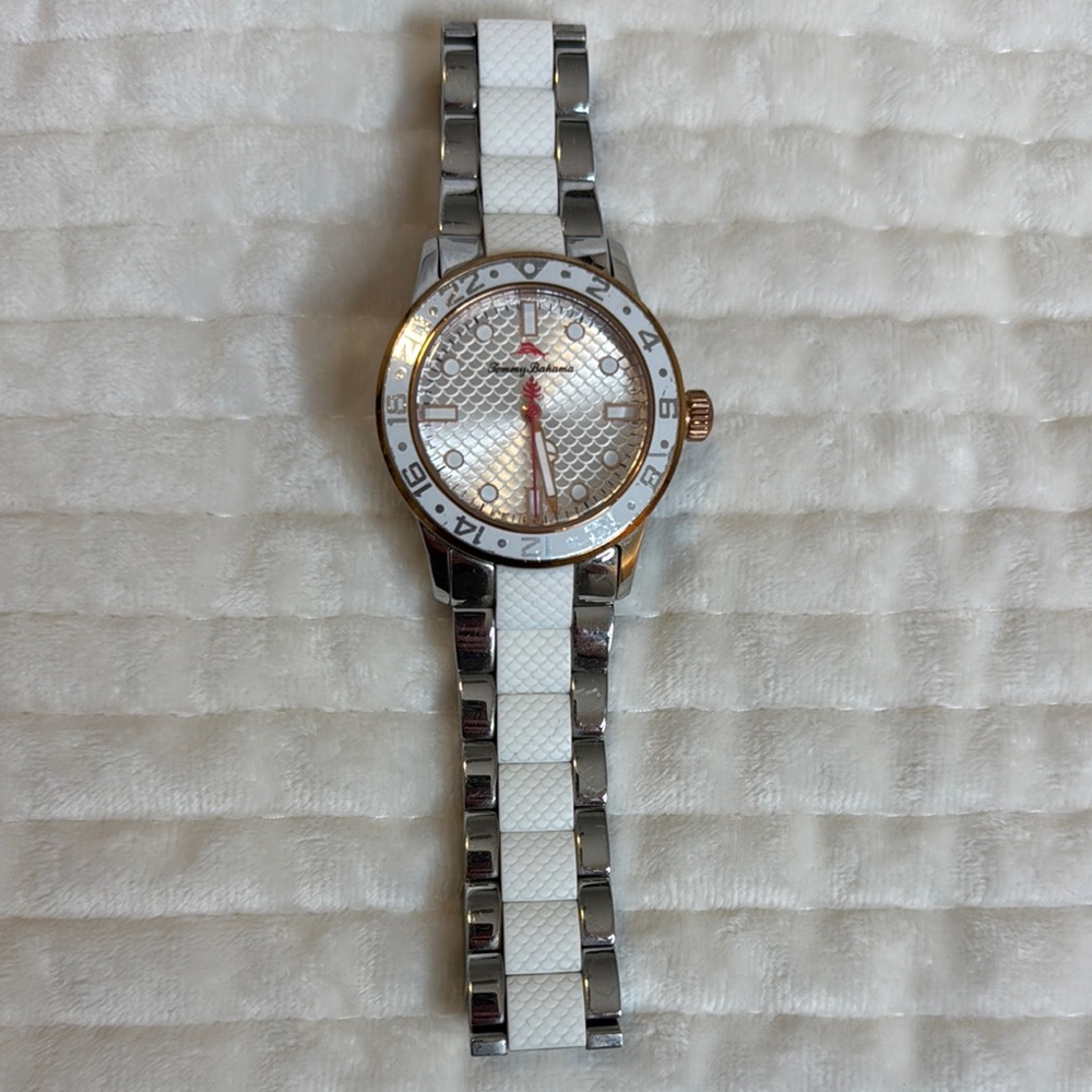 Silver, Gold and White Tommy Bahama Watch with Patterned Dial
